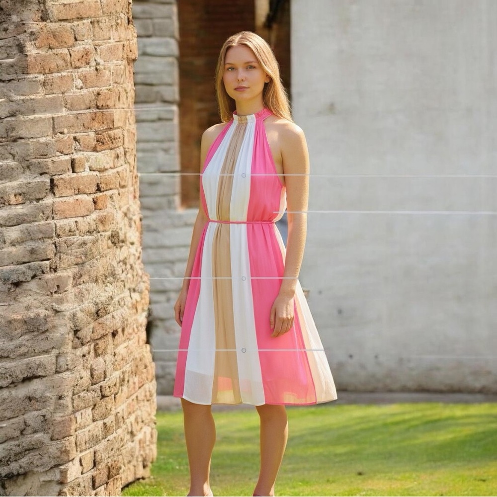 Ramy Brook Pink One-Shoulder Halter Dress with Cream & White Center Stripe